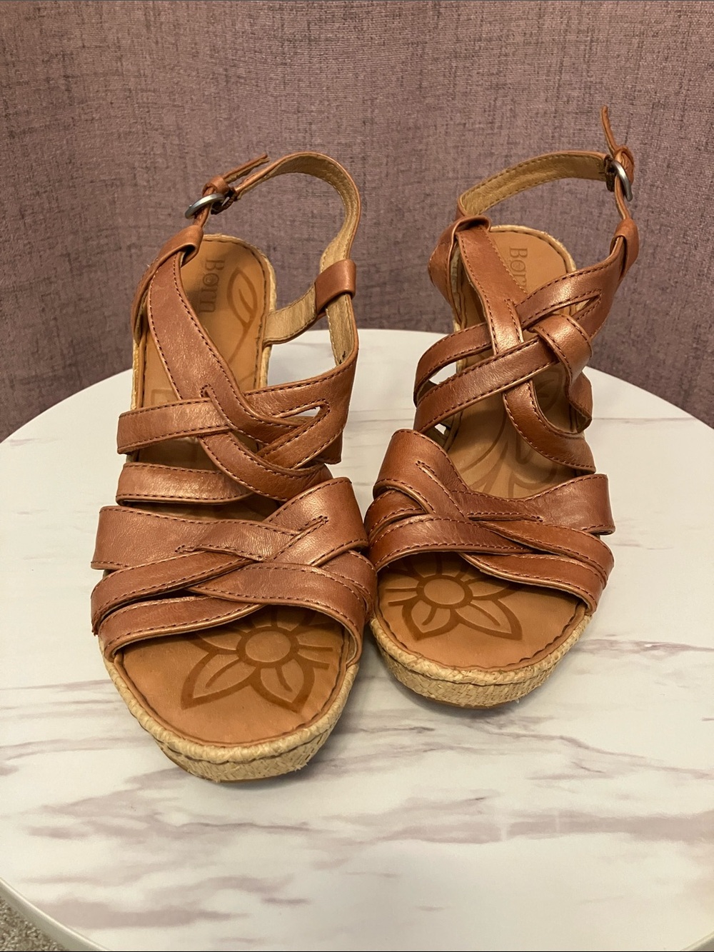 Born camel Leather Wedge Sandals with Espadrille Trim